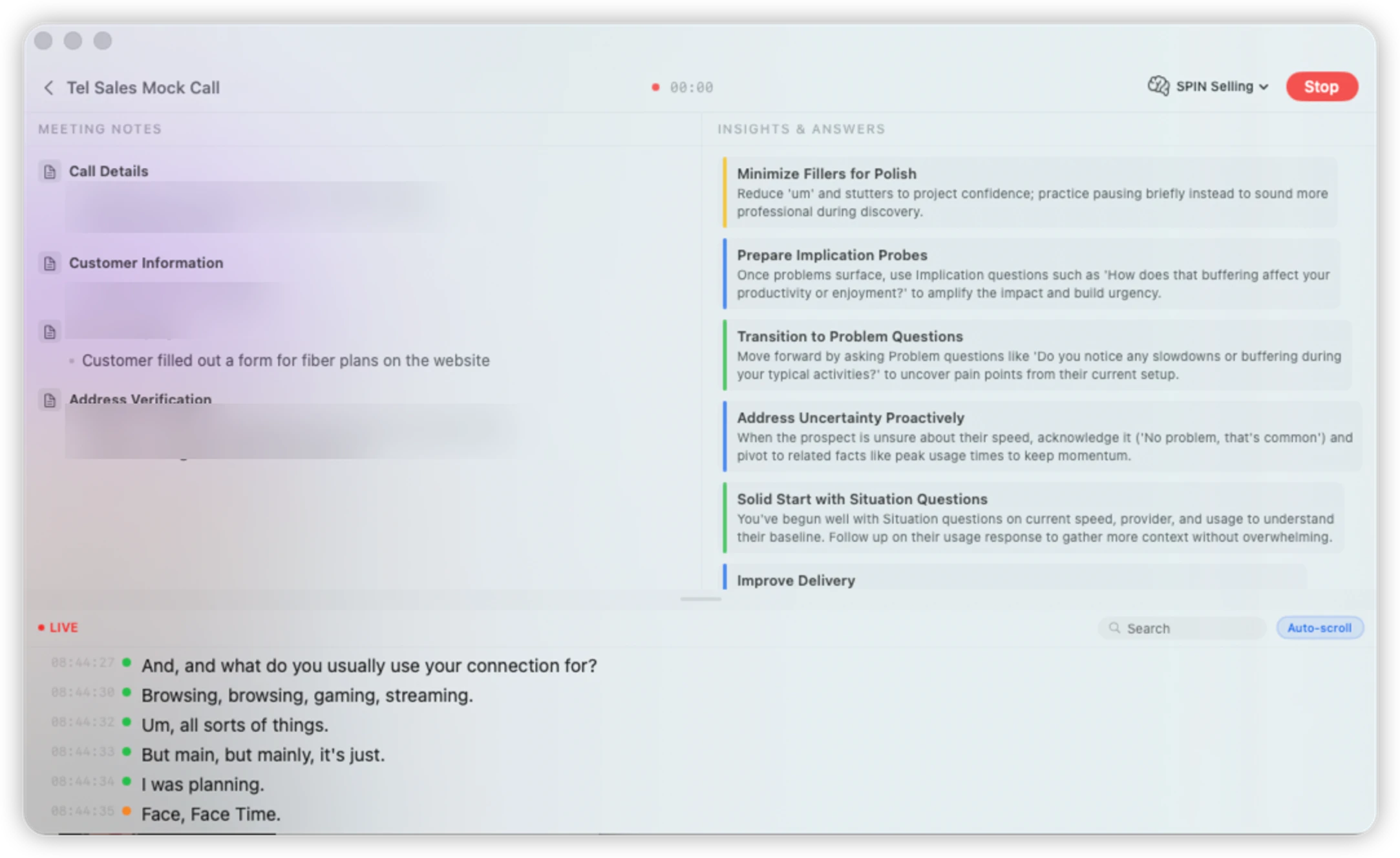 AptSay running during a live Tel Sales mock call: structured meeting notes on the left, SPIN Selling coaching suggestions on the right, and a real-time speaker-attributed transcript at the bottom.